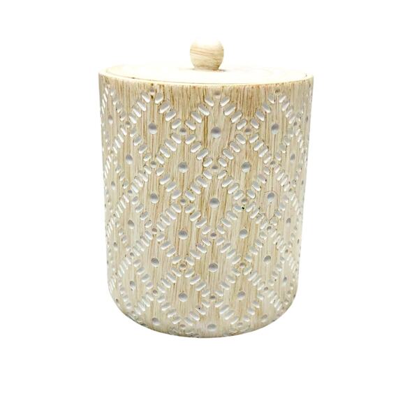 NWOT AMG Global Bathroom Accessories Container Mosaic Tan and White Pattern - Picture 1 of 16